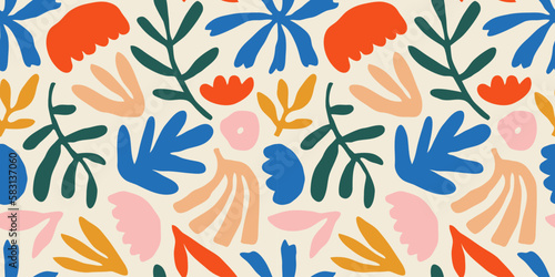 Colorful flower seamless pattern illustration. Children style floral doodle background  funny basic nature shapes wallpaper.