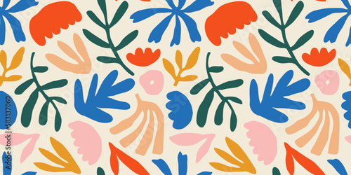Colorful flower seamless pattern illustration. Children style floral doodle background, funny basic nature shapes wallpaper.