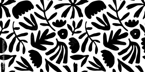 Black and white flower seamless pattern illustration. Children style floral doodle background, funny basic nature shapes wallpaper.