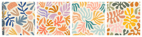 Abstract leaf cutout shapes seamless pattern set. Trendy colorful leaves collage shape background design collection. Contemporary art decoration wallpaper, organic nature symbol texture print.	