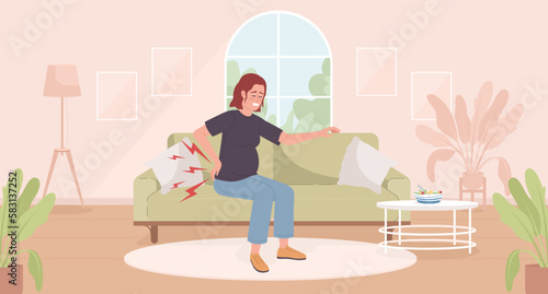 Pregnancy backaches flat color vector illustration. Pregnant woman on sofa struggling with lower back pain. Hero image. Fully editable 2D simple cartoon character with living room on background