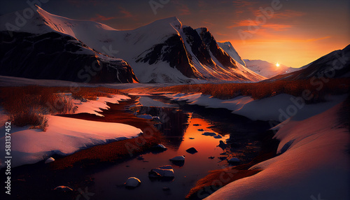 Mountain peak with snow and sunset create majestic ,generative AI