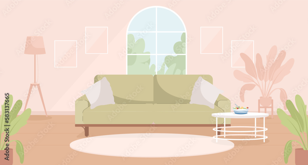 Sage green and pink contemporary living room flat color vector illustration. Spacious modern house. Fully editable 2D simple cartoon interior with apartment furniture and accessories on background - obrazy, fototapety, plakaty 