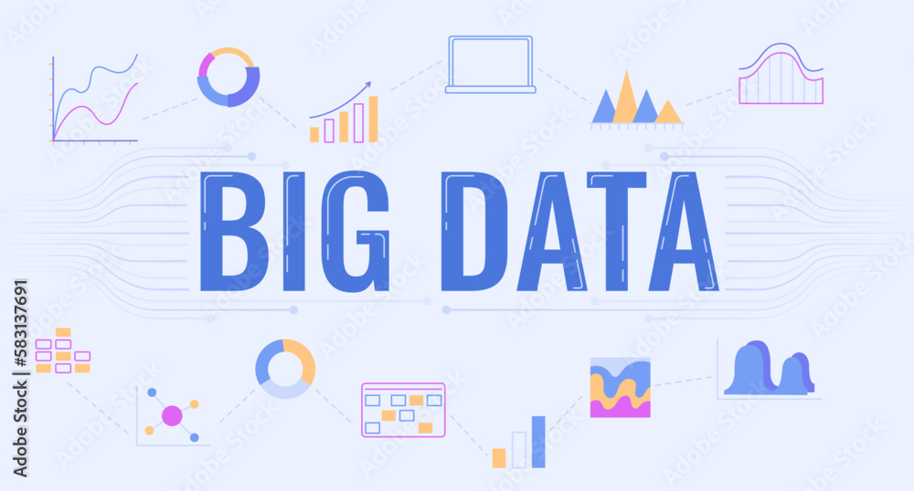 Big data analytics 2D vector fully editable illustration. Statistical analysis flat cartoon banner with text. Infographic colourful editable design for mobile, website, presentation. Oswald font used
