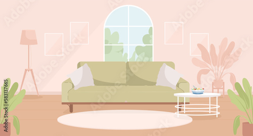 Sage green and pink contemporary living room flat color vector illustration. Spacious modern house. Fully editable 2D simple cartoon interior with apartment furniture and accessories on background