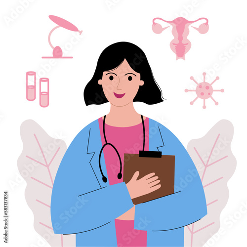 Gynecologist. Doctor in a medical gown, depiction of female reproductive organs, devices for analysis. Women's health, examination, tests, pregnancy, consultation of a gynecologist or reproductologist