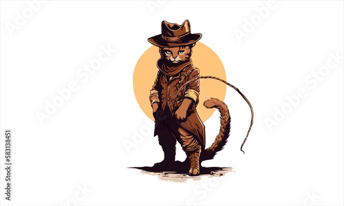 funny kitten cat cowboy with fedora  hat dressed as Indiana Jones vector illustration