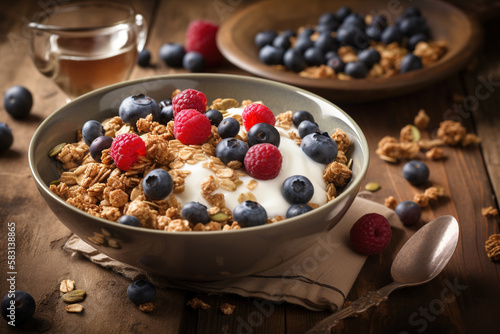 Homemade granola with yogurt and fresh berries. AI