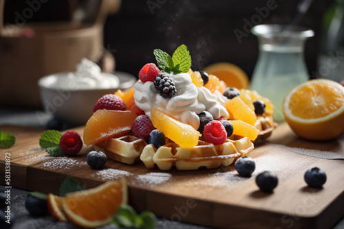 Sweet homemade belgian waffle with whipped cream and fruits. AI