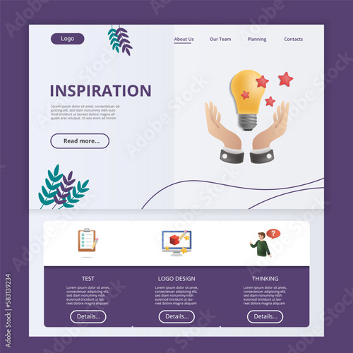 Inspiration flat landing page website template. Test, logo design, thinking. Web banner with header, content and footer. Vector illustration.