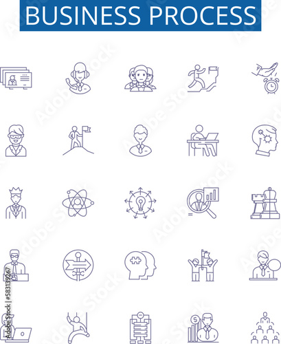 Business process line icons signs set. Design collection of Finance, Production, Management, Outsourcing, Automation, Compliance, Planning, Logistics outline concept vector illustrations