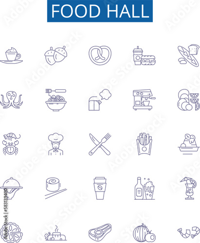Food hall line icons signs set. Design collection of Cafeteria, Delicatessen, Restaurant, Bistro, Eatery, Stall, Cuisine, Deli outline concept vector illustrations