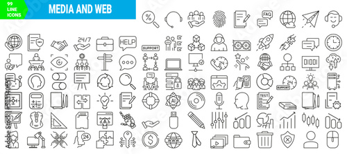 set of 99 media and web line icons. Big data, UI, SEO, promotion, Processing, Productivity vector illustration