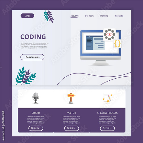 Coding flat landing page website template. Studio, vector, creative process. Web banner with header, content and footer. Vector illustration.