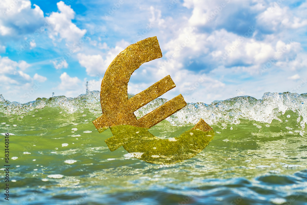 Golden euro sign in sea waves. The national currency symbol sinks in