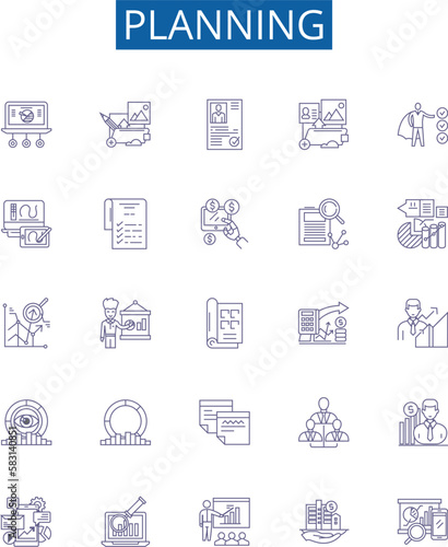 Planning line icons signs set. Design collection of Organizing, Scheduling, Forecasting, Charting, Designing, Mapping, deciding, Outlining outline concept vector illustrations