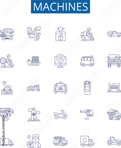 Machines line icons signs set. Design collection of Robots, Automata, Computers, Electronics, Tools, Engines, Gadgets, Devices outline concept vector illustrations
