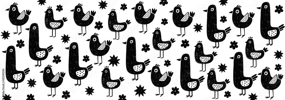 Doodle black and white modern background with hand drawn birds and elements. Hand drawn texture for fabric, wrapping, textile, label, wallpaper Doodle black and white modern background with hand drawn birds and elements. Hand drawn texture for fabric, wrapping, textile, label, wallpaper