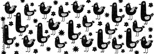 Doodle black and white modern background with hand drawn birds and elements. Hand drawn texture for fabric, wrapping, textile, label, wallpaper