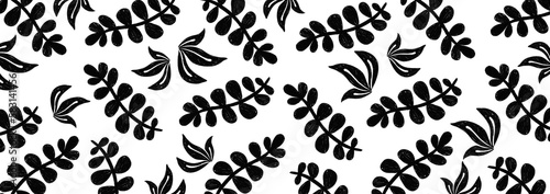Doodle black and white background with cute hand drawn lafs, flowers, birds and elements. Hand drawn texture for fabric, wrapping, textile, label, wallpaper. © Natalia Tylik