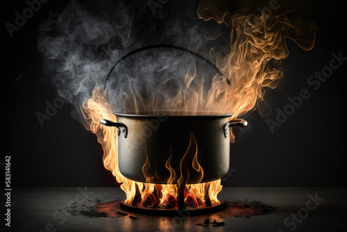 A Kitchen Stove With A Pot Boiling Over And Flames Coming Out From Under The Pot . Generative AI photo
