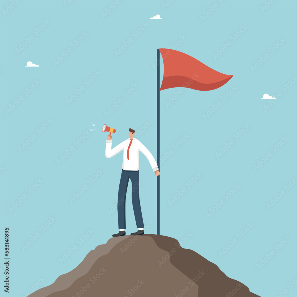 Reach the top and overcome difficulties, achieve a high position through hard work, climb the career ladder, leadership qualities, a man on top of a mountain with a flag shouts into a loudspeaker. Reach the top and overcome difficulties, achieve a high position through hard work, climb the career ladder, leadership qualities, a man on top of a mountain with a flag shouts into a loudspeaker.