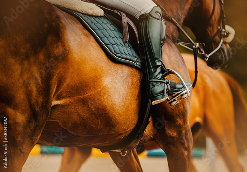 A rider in black leather boots rides on a bay horse in the saddle. Equestrian sports and ammunition. Stirrups. Horse riding.