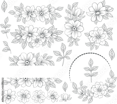 Drawn flower arrangements.  set of floral elements