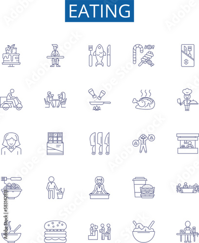 Eating line icons signs set. Design collection of Munching, Scoffing, Chewing, Binging, Nourishing, Nibbling, Bolting, Savouring outline concept vector illustrations