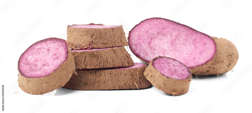 purple yam slices isolated, dioscorea alata, aka ube, violet yam, water or greater yam, purple-fleshed tubers used in cuisine and traditional medicine purple yam slices isolated, dioscorea alata, aka ube, violet yam, water or greater yam, purple-fleshed tubers used in cuisine and traditional medicine