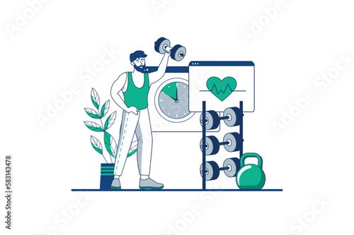 Blue outline concept fitness gym with people scene in the flat cartoon design. Man does physical exercises with dumbbells in the fitness gym. Vector illustration.