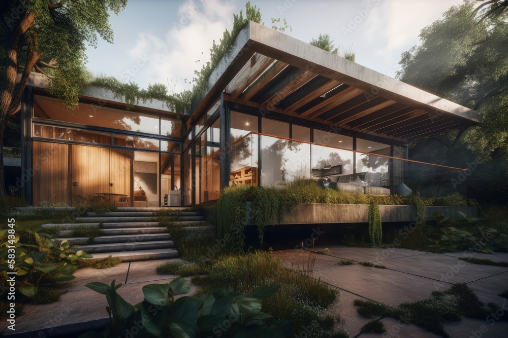 Modern house with apparent concrete, metal structure, wood and vegetation, Generative AI