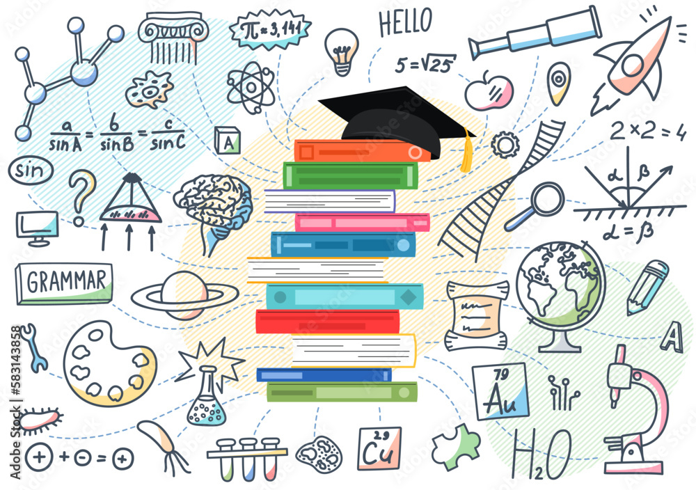 Education concept. School subjects doodle with stack of books and academic cap. Textbooks stack.  - obrazy, fototapety, plakaty 