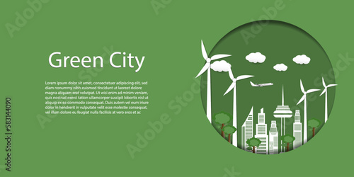 Green eco city on natural background.Ecology and environment conservation resource sustainable concept.Vector illustration.
