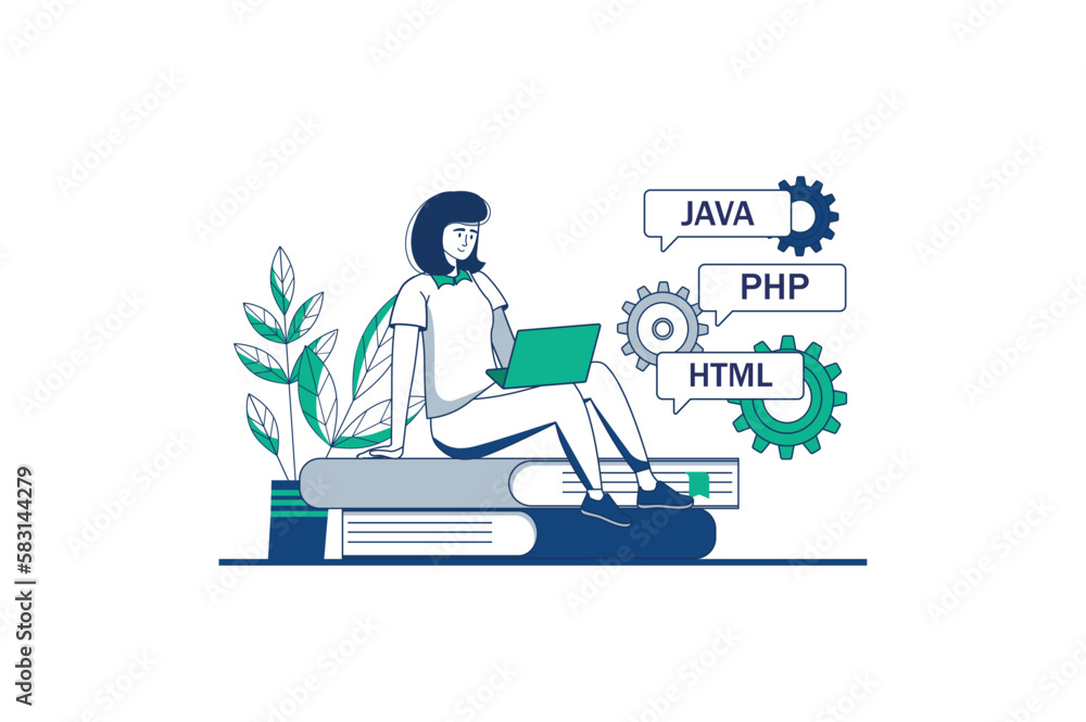 Programing software blue outline concept with people scene in the flat cartoon design. Programmer works on improving the software for her laptop. Vector illustration.