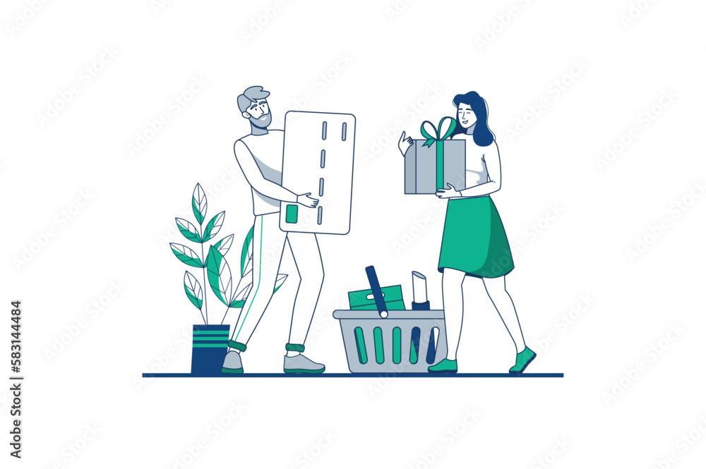 Shopping blue outline concept with people scene in the flat cartoon style. Husband pays with a bank card for the goods ordered by the wife. Vector illustration.