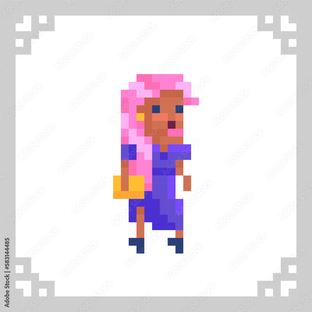 Fashion girl with pink hair in purple dress. Female character in pixel art Fashion girl with pink hair in purple dress. Female character in pixel art