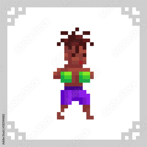 African American fighter. Black boxer sportsman in green boxing gloves