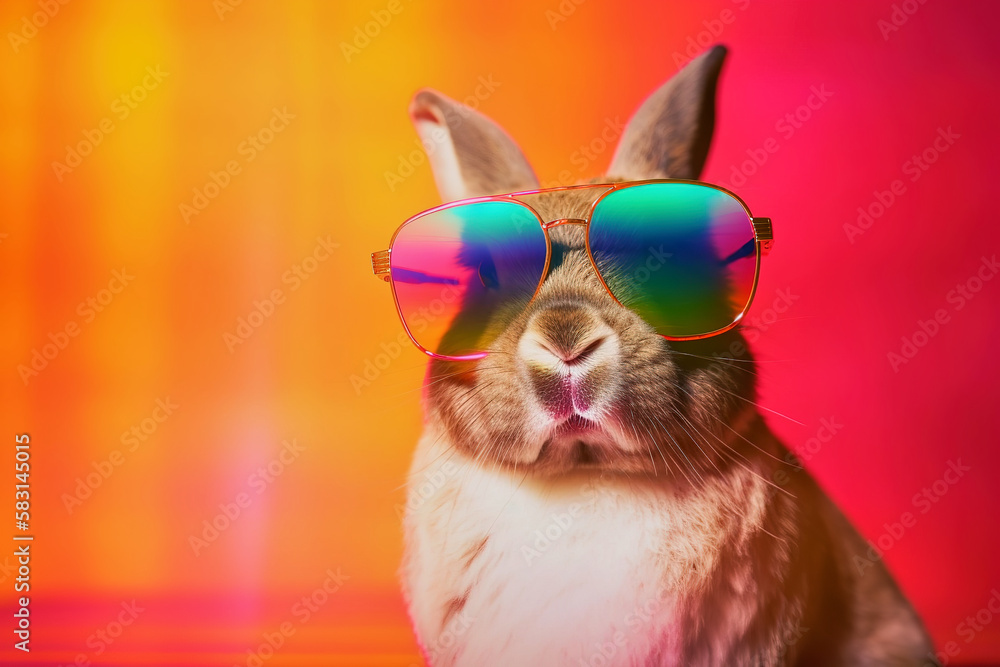 Cute Bunny Rabbit Wearing Sunglasses with Vibrant Gradient Background. Generative AI