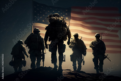 illustration of American soldiers and flag of USA at night military operation. AI