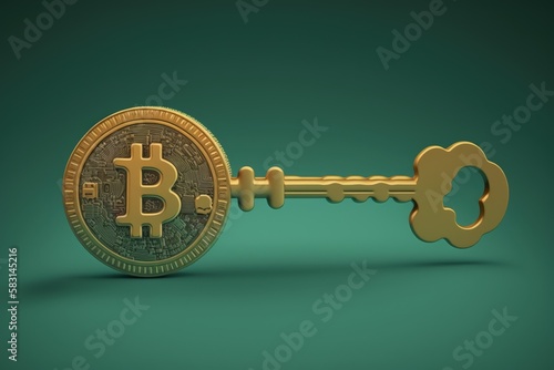Bitcoin key isolated on green background, Generative AI