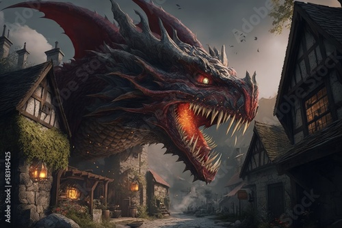 Dragon attacking middle ages village, dragon wallpaper, Generative AI