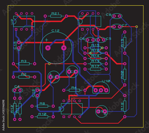 A printed circuit board of an electronic device with
components of radio elements, conductors and 
contact pads placed on it. Vector 
engineering drawing of a pcb.
