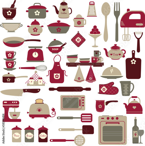 Mega clipart of kitchen items. Vector tableware set.