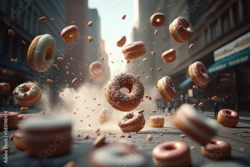 Donut rain in big metropoli, Donuts falling from the sky in the city, Generative AI