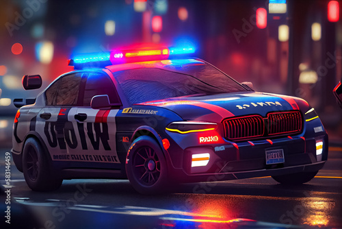 illustration of police units responds to the scene of an emergency at night . AI © terra.incognita