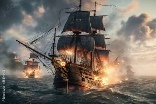 Ships on Fire in Medieval Battleships, Pirate ships destroyed in cannon battle, Generative AI