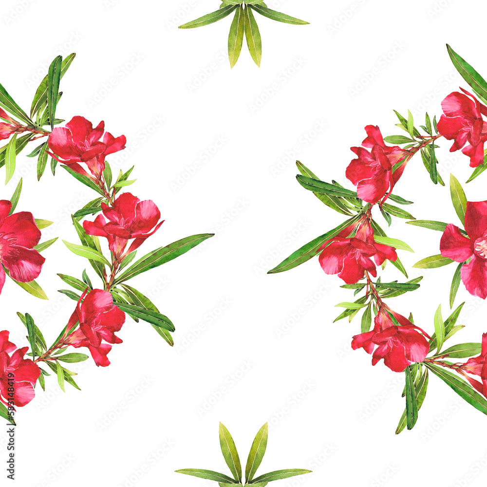 Watercolor illustration of Oleander. Set with flowers and leaves. Hand-drawn isolated clip art on a white background. Bright watercolor for holiday cards, wedding invitations, textiles, print design