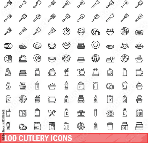 100 cutlery icons set. Outline illustration of 100 cutlery icons vector set isolated on white background