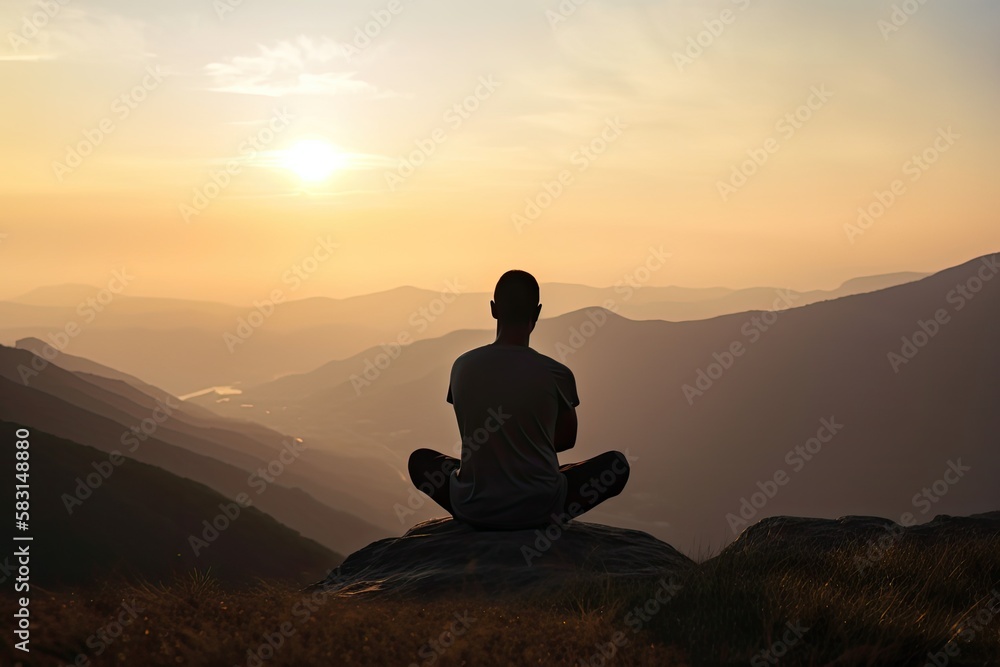 Rear view of man practicing meditation or yoga pose on the mountain at sunset time. Generative ai. Rear view of man practicing meditation or yoga pose on the mountain at sunset time. Generative ai.